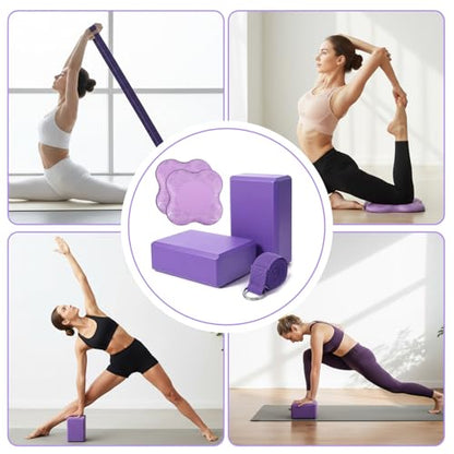 5 Pcs Yoga Blocks Knee Pads Yoga Strap Set, Soft Premium Foam Blocks Accessories for Pilates Meditation General Fitness Stability, Kneeling, Balance, Deepen Stretches and Toning (Purple)