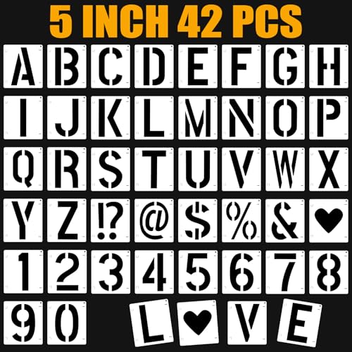 42 PCS Letter Stencils for Painting, Spray Paint Stencil, Alphabet Stencils for Crafts Reusable on Wood, Wall, Rock, Fabric, Sign, School DIY Art Projects （5 Inch - size: 5 Inch