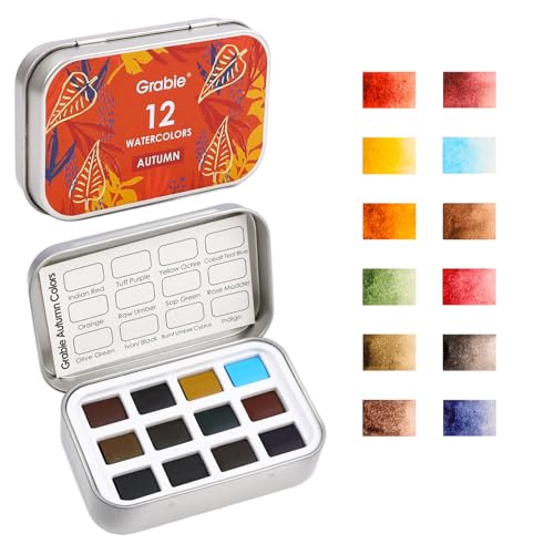 Grabie 12 Color Travel Watercolor Paint Set, Pocket Palette, Autumn | 12 Autumn Watercolor Colors, Pocket Compact Watercolor Palette For Sketching & Painting, Beginner-Friendly Paint Set - color: Autumn