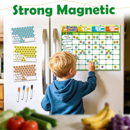 Magnetic Reward Chart for Kids, Customizable Dry Erase Weekly Chore Chart - size: 3 Kids-Dinosaurs