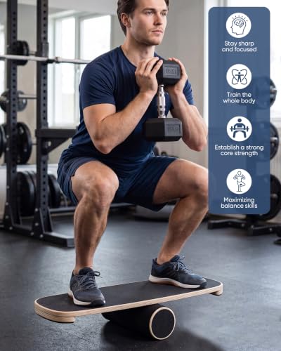 Balance Board for Adults, Surf Trainer with Wooden Roller | 300lbs capacity, non-slip wooden surface, for surfing snowboarding skateboarding yoga, core strength & balance training