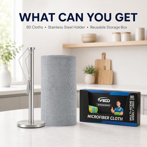 Veco Microfiber Cleaning Cloth Roll with Holder 80 PCS, 12" x 12" Gray - color: Gray-st