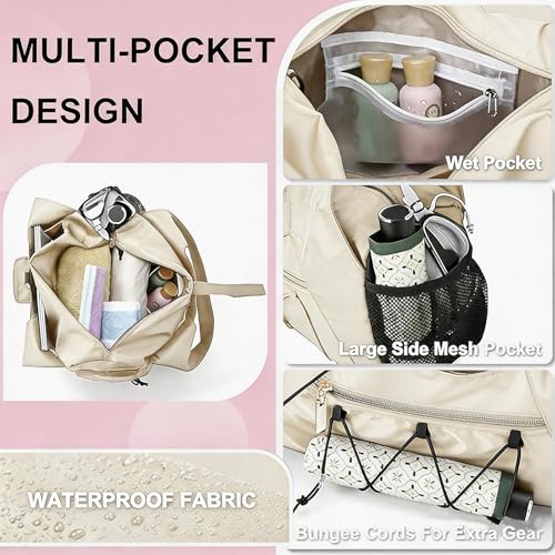 Gym Bag for Women, Yoga Mat Bag with Shoe Compartment and Wet Pocket, Sport Yoga Gym Bag with Yoga Strap, Carryall Yoga Tote Bag - color: Beige