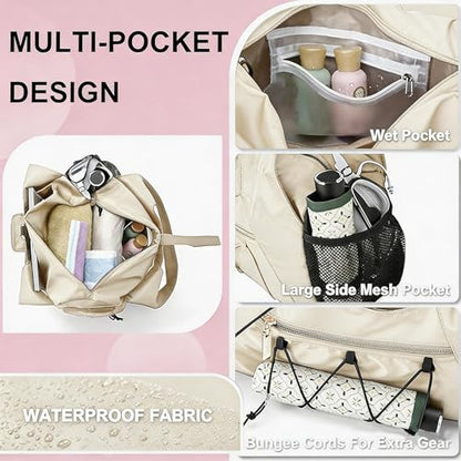 Gym Bag for Women, Yoga Mat Bag with Shoe Compartment and Wet Pocket, Sport Yoga Gym Bag with Yoga Strap, Carryall Yoga Tote Bag - color: Beige