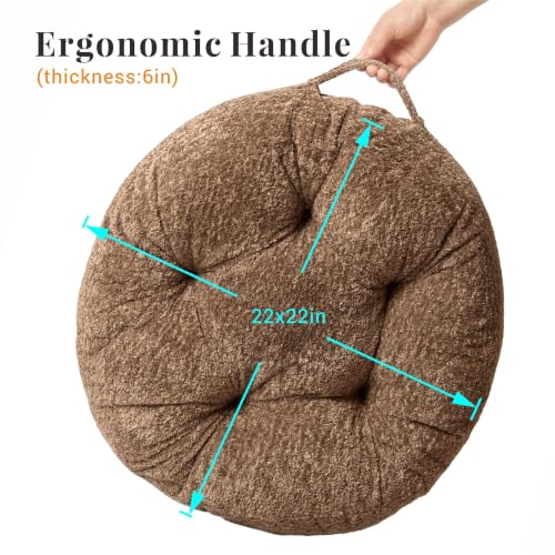 Floor Pillow, Large Meditation Sitting Cushion with Handle | for Tatami, Living Room, Yoga Use for Adults and Kids (1, Round, Brown, 22" x 22" x 6") - color: Round, Brown