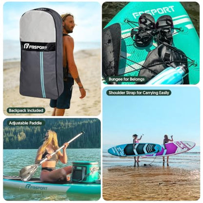 FBSPORT 11' Premium Stand Up Paddle Board, Yoga Board with SUP Accessories & Carry Bag | Wide Stance, Surf Control, Non-Slip Deck, Leash, Paddle and Pump for Youth & Adult - color: Mint Green