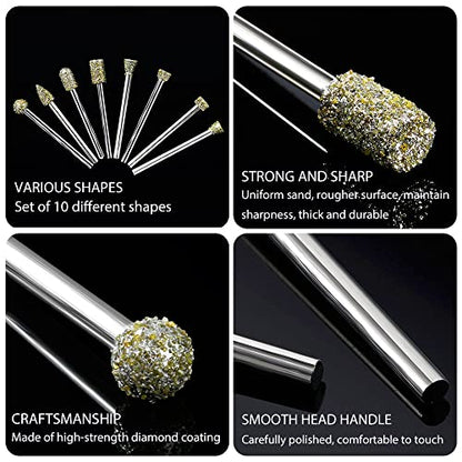Diamond Grinding Burr Drill Bit Set for Dremel Rotary Tool 20Pcs Diamond Burr Bits with 1/8 Inch Shank Rotary Tool Accessories for Stone Glass Ceramics Carving, Grinding, Polishing, Engraving