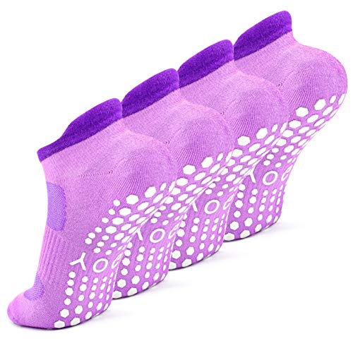 Busy Socks 2 Pack Women Ankle Non Slip Yoga Pilates Grip Socks with Cushion | Anti Skid Slipper Arch Support Socks for Barre Bikram Dance Trampoline Fitness Hospital Home Floor Walking Jogging Cardio - color: 2 Pairs Purple