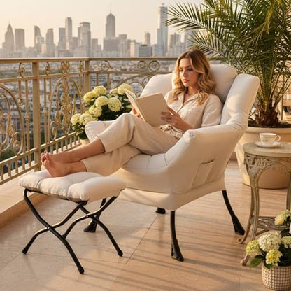 Tiita Lazy Chair with Ottoman, Modern Large Accent Lounge Chairs, Leisure Sofa Armchair with Ottoman, Reading Chair with Footrest for Bedroom, Living Room, Dorm Rooms, Garden - color: Beige