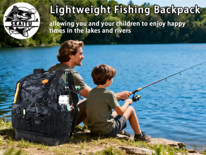 Fishing Backpack with Tackle Boxes and Rod Holder, Cooler, 30L Large Tackle Bag with Fishing Gear Lures Kit, Waterproof Bottom tackle Backpack Fish Set Gifts for Men Women-Black Back Pack - color: All Black
