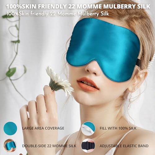 Sleep Mask, 100% 22 Momme Mulberry Silk Eye Mask with Adjustable Strap | Eye Sleeping Mask for Women Men, 100% Mulberry Silk, 22 Momme 6a Fibers, Blackout Blindfold Eye Cover Side Sleeper(Aqua Blue) - color: Peacock Blue 22 Momme