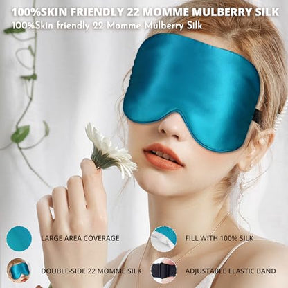 Sleep Mask, 100% 22 Momme Mulberry Silk Eye Mask with Adjustable Strap | Eye Sleeping Mask for Women Men, 100% Mulberry Silk, 22 Momme 6a Fibers, Blackout Blindfold Eye Cover Side Sleeper(Aqua Blue) - color: Peacock Blue 22 Momme