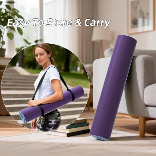 HAHE Wide Yoga Mat 72"x32"x0.4" Thick Pilates Mat with Carrying Strap | Exercise Mats for Home Workout, Wide Non-slip Exercise Mats, Double-Sided POE Fitness Mat for Yoga, Pilates & Travel - color: Purple+Sky Blue