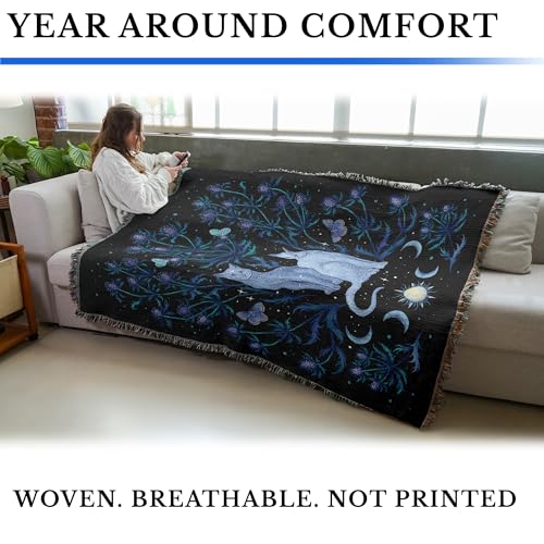 Pure Country Weavers Blue Thistle and Cat by Episodic Drawing - Gift Tapestry Throw Blanket Woven from Cotton - Made in The USA (72x54) - color: Blue Thistle and Cat, size: 72x54