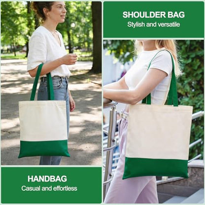 Canvas Tote Bag with Zipper for Women, Halloween Trick or Treat Bags Bulk | 13.8" x 15.3" Fashionable Two-Tone Cotton Tote Bag for Crafts, DIY Your Creative Designs - color: [A2] Beige / Green