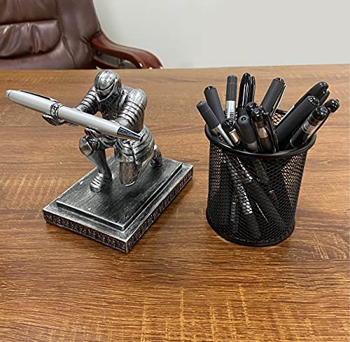 Executive Kneeling Knight Pen Holder with Pen - Unique Office Gifts | Heavy-Duty Resin, Antique Iron Finish, Weighted Non-Slip Base, Cool Desktop Decor - color: Iron