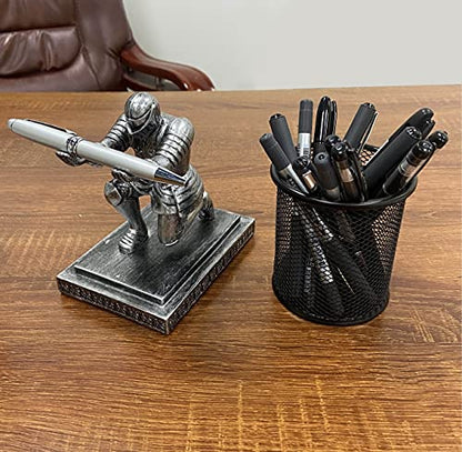 Executive Kneeling Knight Pen Holder with Pen - Unique Office Gifts | Heavy-Duty Resin, Antique Iron Finish, Weighted Non-Slip Base, Cool Desktop Decor - color: Iron