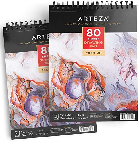 ARTEZA Artist Sketch Pad, 9x12 Inches – 2-Pack, 80 Spiral-Bound Sheets Each, Acid-Free 80 lb White Paper for Sketching, Drawing & Daily Art Practice - size: 9"x12" (Pack of 2)