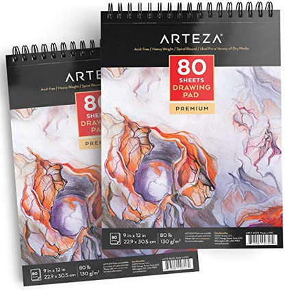 ARTEZA Artist Sketch Pad, 9x12 Inches – 2-Pack, 80 Spiral-Bound Sheets Each, Acid-Free 80 lb White Paper for Sketching, Drawing & Daily Art Practice - size: 9"x12" (Pack of 2)