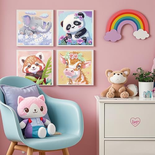 PERFECTSIGHT Cute 5D Diamond Art Kits, Kawaii DIY Painting Art for Adults Teen, 4 Pack Diamond Arts and Crafts Sets, Big Gem Full Drill Diamond Dots for Women (Elephant+Panda+Red Panda+Cow) - style: Elephant+Panda+Red Panda+Cow