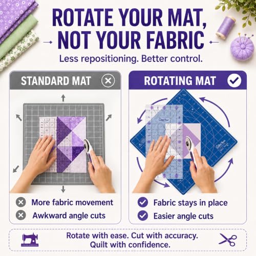 The Quilted Bear 12" x 12" Rotating Self-Healing Cutting Mat, Blue | Square Mat, 360° Rotation, Locking Mechanism, 5-Layer Surface, Non-Slip Base, Clear Inch Grid & Angle Guides for Quilting - color: Blue, size: 12"L x 12"W