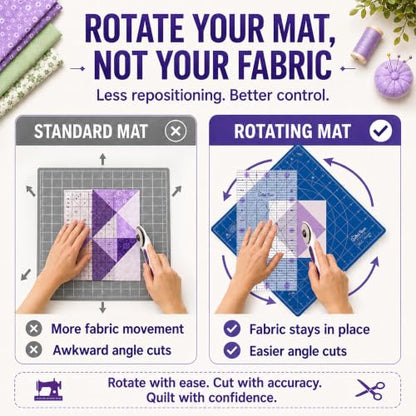 The Quilted Bear 7" x 7" Rotating Self-Healing Cutting Mat, Blue | Square Mat, 360° Rotation, Locking Mechanism, 5-Layer Surface, Non-Slip Base, Clear Inch Grid & Angle Guides for Quilting - color: Blue, size: 7"L x 7"W