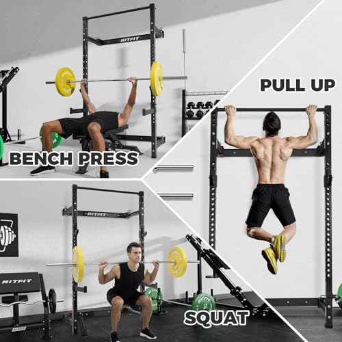 RitFit 2.36'' x 2.36'' Folding Squat Rack for Home Gym, Wall Mounted Squat Rack with Attachments - Space Saving Squat Power Rack - color: Black, style: Folding Squat Rack with Bench