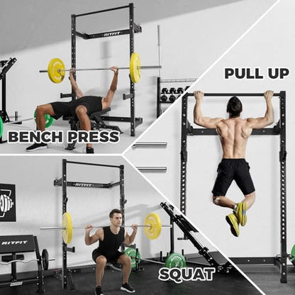 RitFit 2.36'' x 2.36'' Folding Squat Rack for Home Gym, Wall Mounted Squat Rack with Attachments - Space Saving Squat Power Rack - color: Black, style: Folding Squat Rack with Bench
