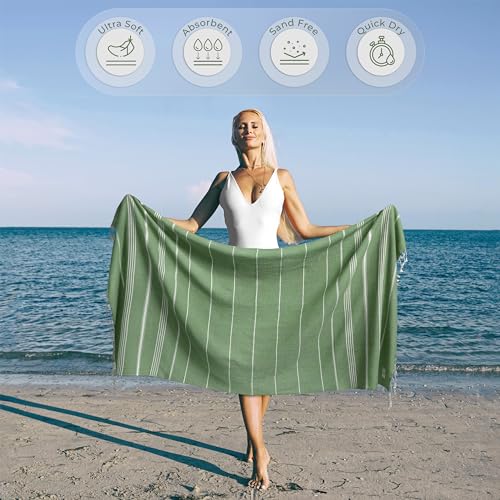 Ossano Turkish Beach Towel Absorbent & Quick Dry Oversized (39" x 71") - Decorative, Versatile and Functional as Yoga Mat, Picnic Blanket, Travel Blanket, Bath, Cruise, Gym Towel - Green - color: Green
