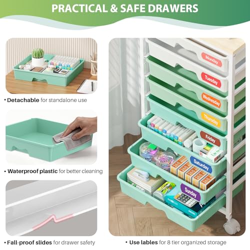 Goovilla Rolling Cart with 8 Drawers for Art, Dorm, Office, Craft, Green | Utility Cart Organizer With 8 Removable Drawers and Wooden Tabletop, Lockable Rolling Storage Organizer for Classroom, Home - size: Green