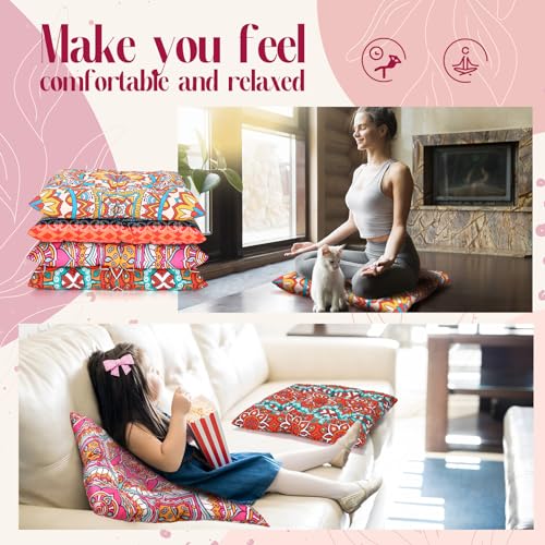 Nuogo 4 Pack Large 22 Inch Bohemian Floor Pillows Square Boho Floor Cushions Seating Pillows for Soft Yoga Meditation Pillow Mandala Pouf for Living Room Tatami Reading Nook(Exquisite)