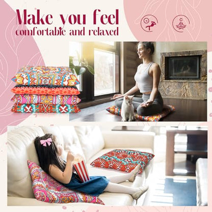 Nuogo 4 Pack Large 22 Inch Bohemian Floor Pillows Square Boho Floor Cushions Seating Pillows for Soft Yoga Meditation Pillow Mandala Pouf for Living Room Tatami Reading Nook(Exquisite)