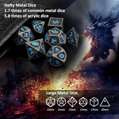 Haxtec Metal DND Dice Set, 7 Pcs Dragon Pattern Polyhedral Dice for RPG | Blue Numbers D&D with Leather Bag, Compatible with Dungeons and Dragons, Matte Black Heavy Metallic, Gifts for Table Games - color: Matt Black Blue