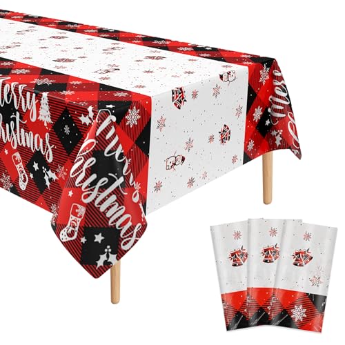 3Pcs Christmas Buffalo Plaid Snowflake Tablecloth, 51 x 86 Inch Red and Black Checkered Plastic Table Cover for Winter Holiday, New Year, Christmas Party Decorations - color: Buffalo Plaid Snowflake