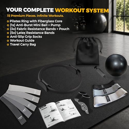Pilates Kit with 15-Inch Pilates Ring & Small Pilates Ball, Exercise Bands Resistance Bands Set - Workout Equipment and Accessories - Pilates Equipment for Full Body Workout, Pilates Essentials