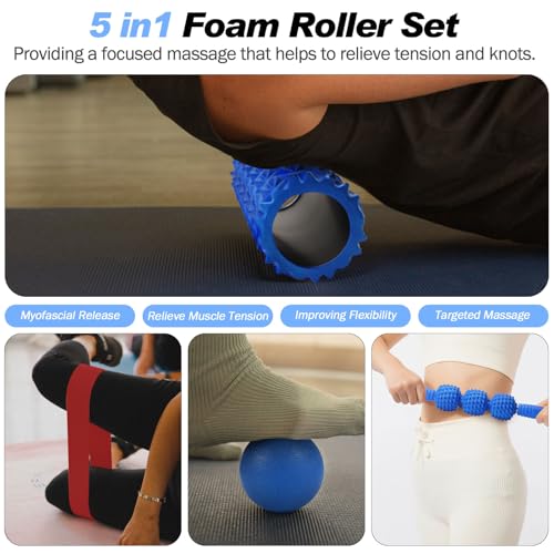 5 in 1 Foam Roller Set High Density Patented Foam Roller for Exercise | Foam Roller Massage Stick, Massage Ball, Resistance Band for Deep Muscle Massage Yoga Trigger Point Release Blue Diamond - color: Blue Diamond