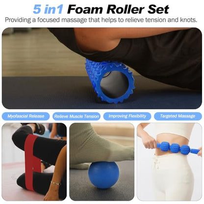 5 in 1 Foam Roller Set High Density Patented Foam Roller for Exercise | Foam Roller Massage Stick, Massage Ball, Resistance Band for Deep Muscle Massage Yoga Trigger Point Release Blue Diamond - color: Blue Diamond