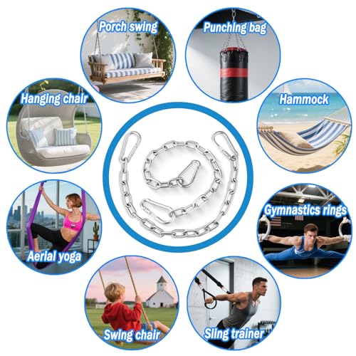 Heavy Duty Stainless Steel Chains, Heavy Punching Bag Chain with 2 Carabiners, 550LB Capacity Hammock Hardware Kit for Swing Chairs Hammocks Punching Bags Yoga Trapeze Indoor & Outdoor Gym