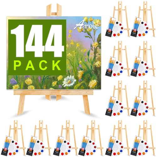144 PCS Professional Painting Set, 12 PCS Wood Easels,12 Pack 120 Brushes | with Nylon Brush Head and 12 PCS Palettes, Painting Supplies kit for Kids & Adults Party - style: 144Pcs(12 Sets)