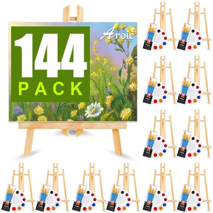 144 PCS Professional Painting Set, 12 PCS Wood Easels,12 Pack 120 Brushes | with Nylon Brush Head and 12 PCS Palettes, Painting Supplies kit for Kids & Adults Party - style: 144Pcs(12 Sets)