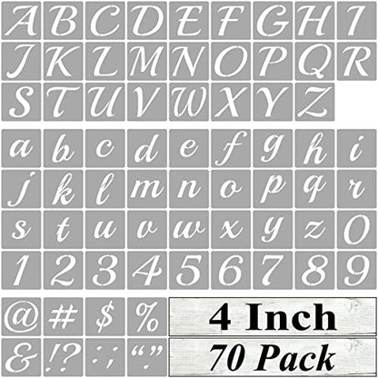 4 Inch Alphabet Letter Stencils for Painting - 70 Pack Letter and Number Stencil Templates with Signs for Painting on Wood, Reusable Cursive Letters Stencils for Chalkboard Wood Signs & Wall Art - size: 4 Inch