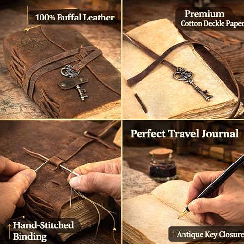 cuero Compass Vintage Leather Journal Antique Handmade Bound Journal with Deckle Edge Paper Diary Leather Sketchbook Drawing Journal Notebook Great Gift Men & Women (Caramel Brown, 11X8 Inch) - size: 11 Inch X 8 Inch