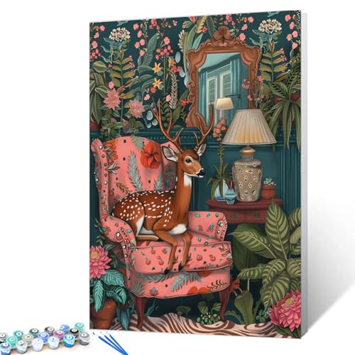 Tucocoo Sika Deer Jungle Wild Animals Paint by Numbers Woodland Leaves and Flower Paint by Numbers Kits Beginner,Funny Room Painting Art Gift with Brushes Decor 16x20 Inch (DIY Framed) - color: Artwork-03, size: 16x20 Inches(DIY Frame)