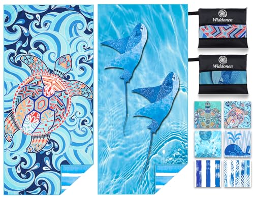 Widdonen 극세사 비치 타월, 엑스트라 라지 2팩-180.3x81.3cm(71x32인치), 여행 가방 포함 - color: Turtle Fly Fish N 2팩