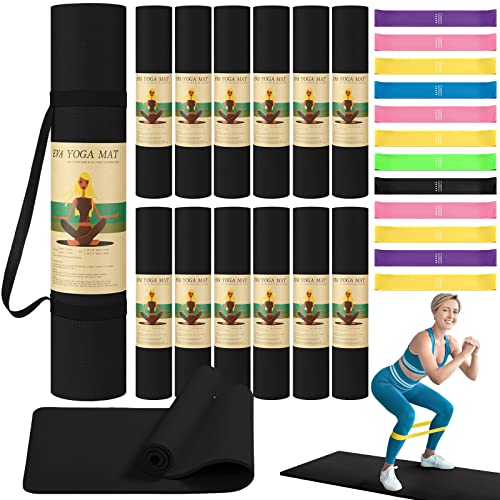 Hoolerry 36 Pieces Yoga Mats Sets Includes 12 Pcs Yoga Mats Bulk 68” x 24” x 6mm Thick Exercise Mat Non Slip 12 Resistance Bands 12 Carrying Straps for Women Girls for Gym Pilates - color: Black