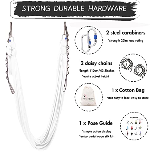 5.5 Yards Aerial Silks Yoga Swing Set - Aerial Yoga Hammock Kit Anti-Gravity Flying for Fitness, Low/Non Stretch Nylon Tricot Fabric Hardware Included for Dance - color: WHITE