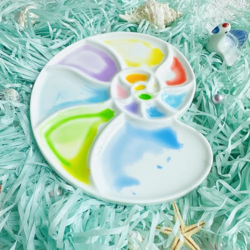 Bower Bird Ceramic Paint Palette Round Conch，Artist Professional Porcelain Watercolor Palette，Acrylic Gouache Watercolor Mixing Tray-6.7Inch