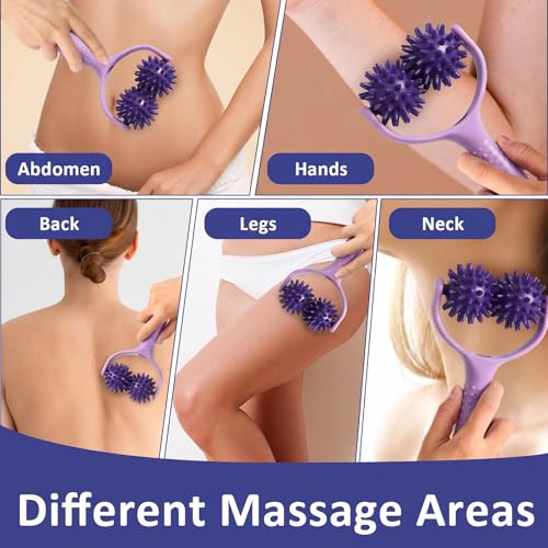 Handheld Spiky Massage Balls Rollers, 2 Wheel Spiky Massage Ball Rollers Silicone Manual Massage-Roller with Handle Pressure Point Muscle Massages Tool for Foot Arm Body Neck Leg Pain Pressure Relief - color: Purple