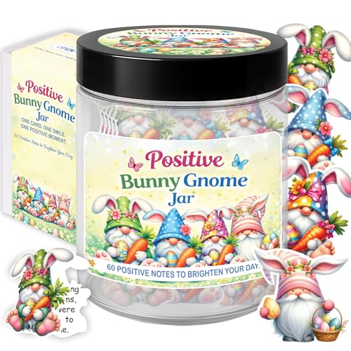 Positive Bunny Gnome Jar – 60 Easter Affirmation Cards, Bunny Gnome Easter Gift for Women, Spring Decor, Positive Jar for Teens, Friends, Coworkers - color: Kat-kien-BunnyGnome Jar