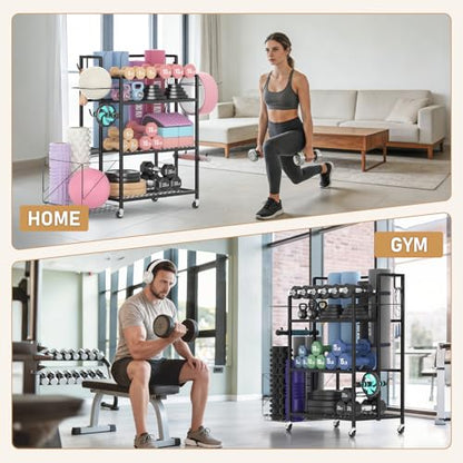4-Tier Weight Rack for Home Gym with Wheels, Hooks and Dumbbell Storage